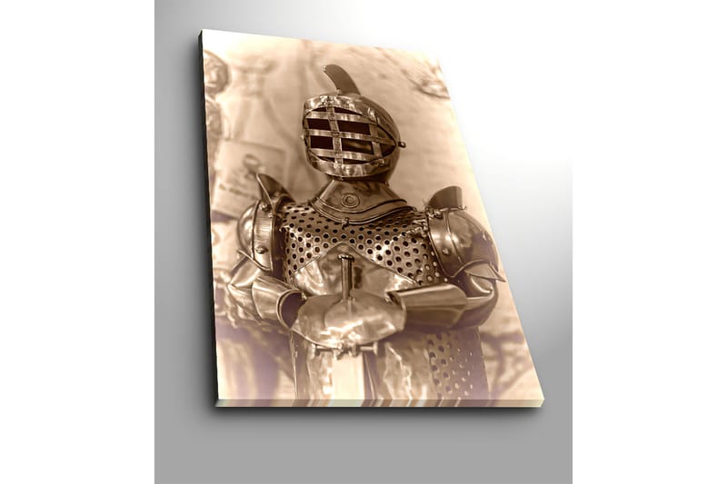Lerretsbilde 70x100 cm - Middelalderridder i rustning med karakteristisk hjelmdesign - Sølv / Grå / Brun - Interiør - Maleri & posters - Lerretsbilder