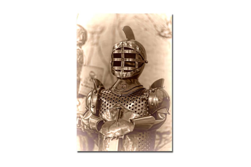Lerretsbilde 70x100 cm - Middelalderridder i rustning med karakteristisk hjelmdesign, Sølv / Grå / Brun