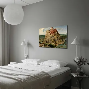 Lerretsbilde 70x100 cm - Monumental bygning som representerer Babels tårn, omgitt av landskap og mennesker - Rød / Beige / Grønn - Interiør - Maleri & posters - Lerretsbilder