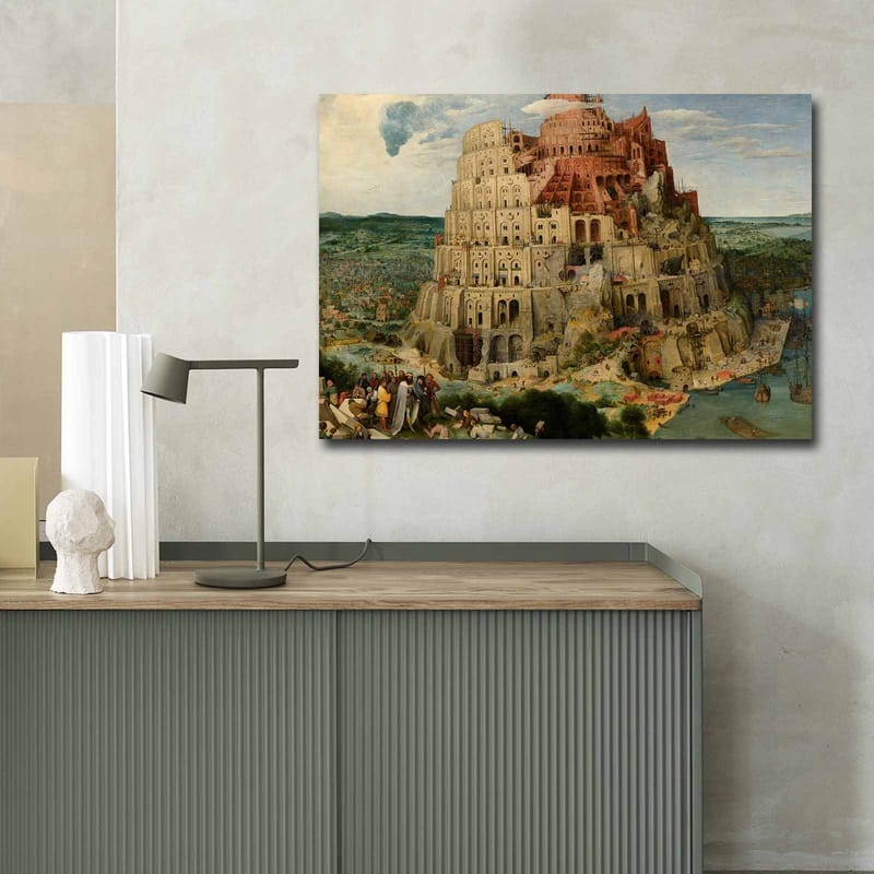 Lerretsbilde 70x100 cm - Monumental bygning som representerer Babels tårn, omgitt av landskap og mennesker - Rød / Beige / Grønn - Interiør - Maleri & posters - Lerretsbilder