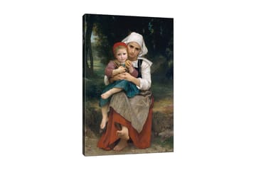 Lerretsbilde 70x100 cm - Mor holder barnet sitt i armene, med en følelse av ømhet og nærhet - Rød / Grønn / Hvit - Interiør - Maleri & posters - Lerretsbilder