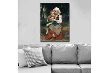 Lerretsbilde 70x100 cm - Mor holder barnet sitt i armene, med en følelse av ømhet og nærhet - Rød / Grønn / Hvit - Interiør - Maleri & posters - Lerretsbilder