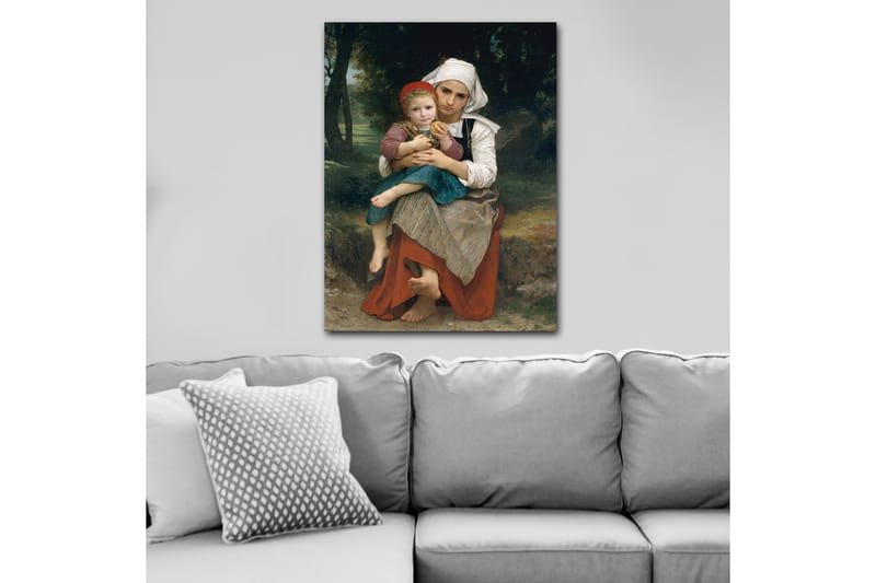 Lerretsbilde 70x100 cm - Mor holder barnet sitt i armene, med en følelse av ømhet og nærhet - Rød / Grønn / Hvit - Interiør - Maleri & posters - Lerretsbilder