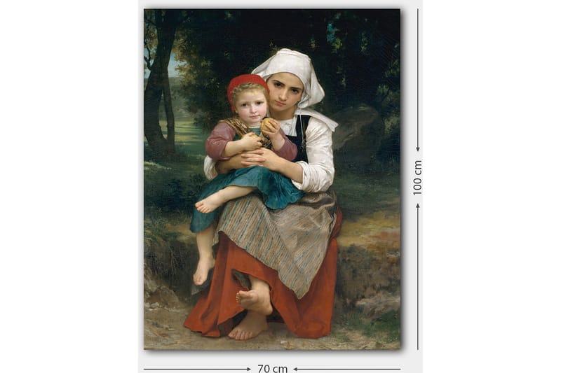 Lerretsbilde 70x100 cm - Mor holder barnet sitt i armene, med en følelse av ømhet og nærhet - Rød / Grønn / Hvit - Interiør - Maleri & posters - Lerretsbilder