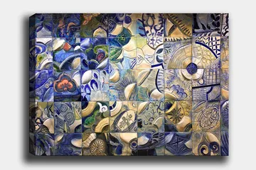 Lerretsbilde 70x100 cm - Mosaikk av abstrakte former og mønstre i blå og hvite nyanser - Blå / Hvit / Beige - Interiør - Maleri & posters - Lerretsbilder