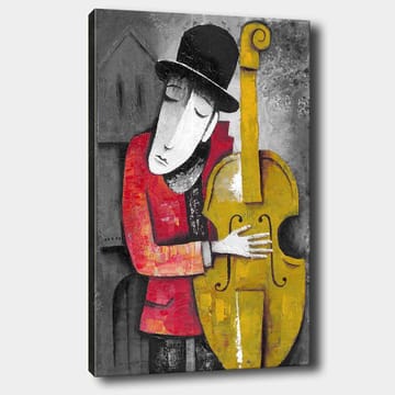 Lerretsbilde 70x100 cm - Musiker som omfavner kontrabassen sin i en stilisert og fargerik komposisjon - Rød / Gul / Svart - Interiør - Maleri & posters - Lerretsbilder