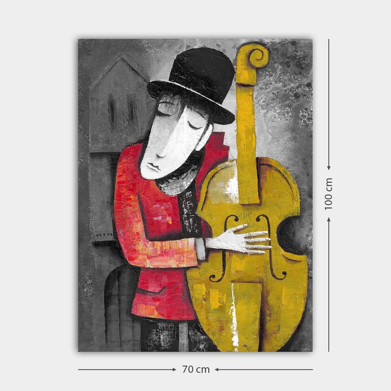 Lerretsbilde 70x100 cm - Musiker som omfavner kontrabassen sin i en stilisert og fargerik komposisjon - Rød / Gul / Svart - Interiør - Maleri & posters - Lerretsbilder
