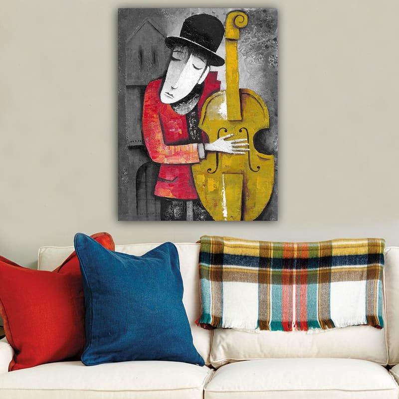 Lerretsbilde 70x100 cm - Musiker som omfavner kontrabassen sin i en stilisert og fargerik komposisjon - Rød / Gul / Svart - Interiør - Maleri & posters - Lerretsbilder
