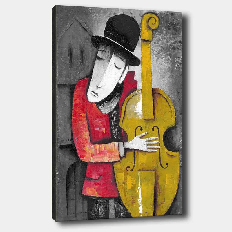 Lerretsbilde 70x100 cm - Musiker som omfavner kontrabassen sin i en stilisert og fargerik komposisjon, Rød / Gul / Svart