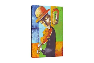 Lerretsbilde 70x100 cm - Musiker som spiller fiolin, kledd i svart med en gul hatt, omgitt av fargerike geometriske former - Oransje / Grønn / Blå - Interiør - Maleri & posters - Lerretsbilder