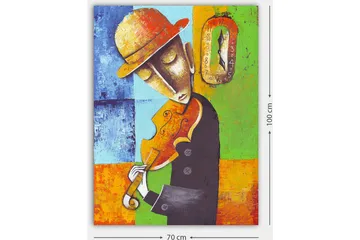 Lerretsbilde 70x100 cm - Musiker som spiller fiolin, kledd i svart med en gul hatt, omgitt av fargerike geometriske former - Oransje / Grønn / Blå - Interiør - Maleri & posters - Lerretsbilder