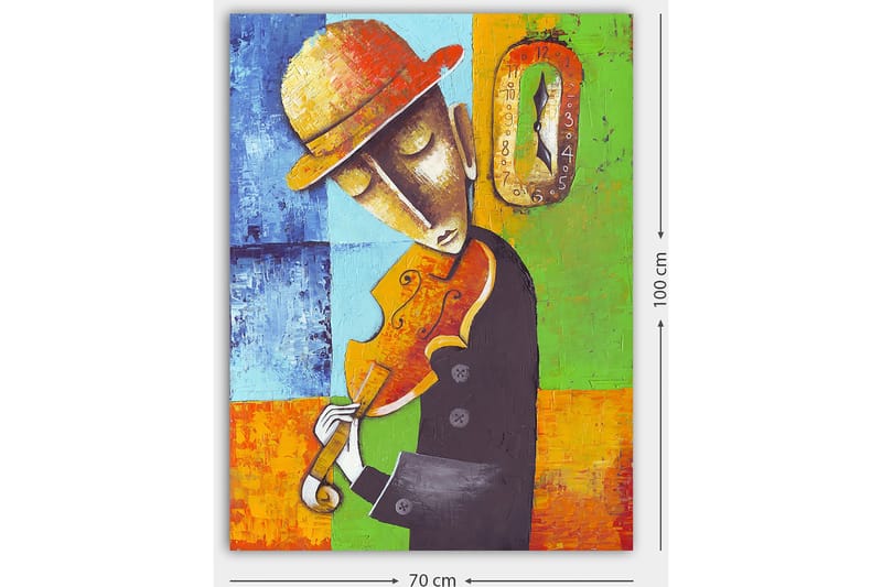 Lerretsbilde 70x100 cm - Musiker som spiller fiolin, kledd i svart med en gul hatt, omgitt av fargerike geometriske former - Oransje / Grønn / Blå - Interiør - Maleri & posters - Lerretsbilder