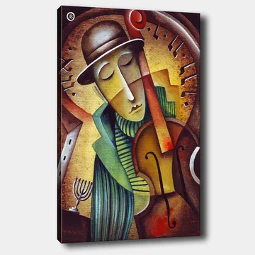 Lerretsbilde 70x100 cm - Musiker som spiller fiolin med et melankolsk uttrykk og en stilisert bakgrunn - Brun / Grønn / Gul - Interiør - Maleri & posters - Lerretsbilder