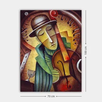 Lerretsbilde 70x100 cm - Musiker som spiller fiolin med et melankolsk uttrykk og en stilisert bakgrunn - Brun / Grønn / Gul - Interiør - Maleri & posters - Lerretsbilder
