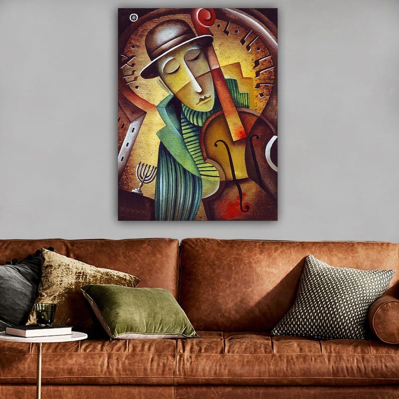 Lerretsbilde 70x100 cm - Musiker som spiller fiolin med et melankolsk uttrykk og en stilisert bakgrunn - Brun / Grønn / Gul - Interiør - Maleri & posters - Lerretsbilder