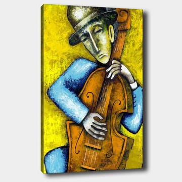 Lerretsbilde 70x100 cm - Musiker som spiller kontrabass med et følelsesladet uttrykk - Gul / Blå / Brun - Interiør - Maleri & posters - Lerretsbilder
