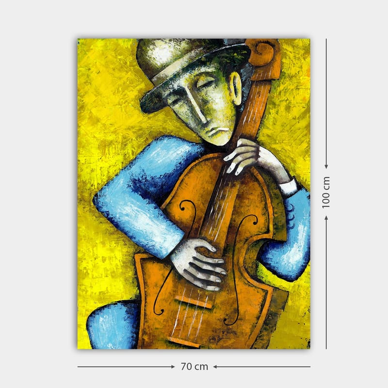 Lerretsbilde 70x100 cm - Musiker som spiller kontrabass med et følelsesladet uttrykk - Gul / Blå / Brun - Interiør - Maleri & posters - Lerretsbilder