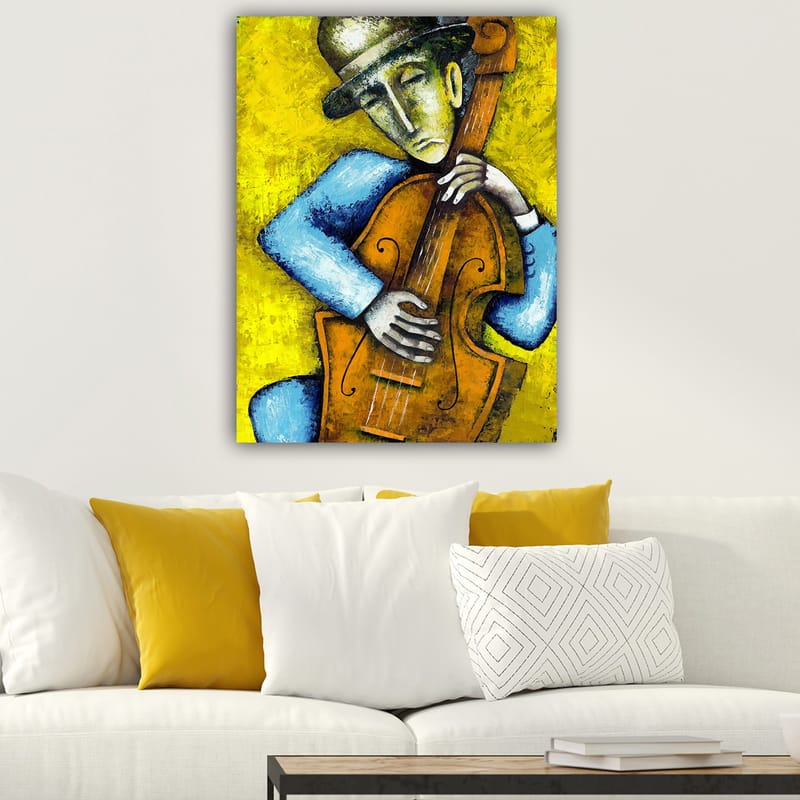 Lerretsbilde 70x100 cm - Musiker som spiller kontrabass med et følelsesladet uttrykk - Gul / Blå / Brun - Interiør - Maleri & posters - Lerretsbilder