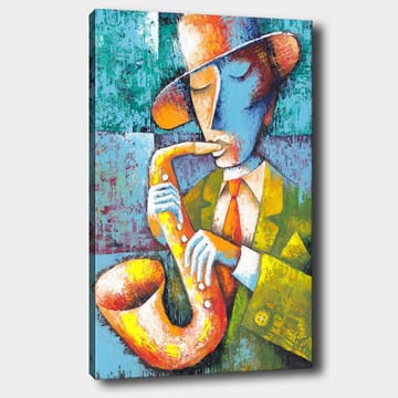 Lerretsbilde 70x100 cm - Musiker som spiller saksofon med et fargerikt og stilisert utseende - Gul / Blå / Oransje - Interiør - Maleri & posters - Lerretsbilder