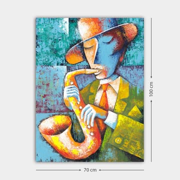 Lerretsbilde 70x100 cm - Musiker som spiller saksofon med et fargerikt og stilisert utseende - Gul / Blå / Oransje - Interiør - Maleri & posters - Lerretsbilder