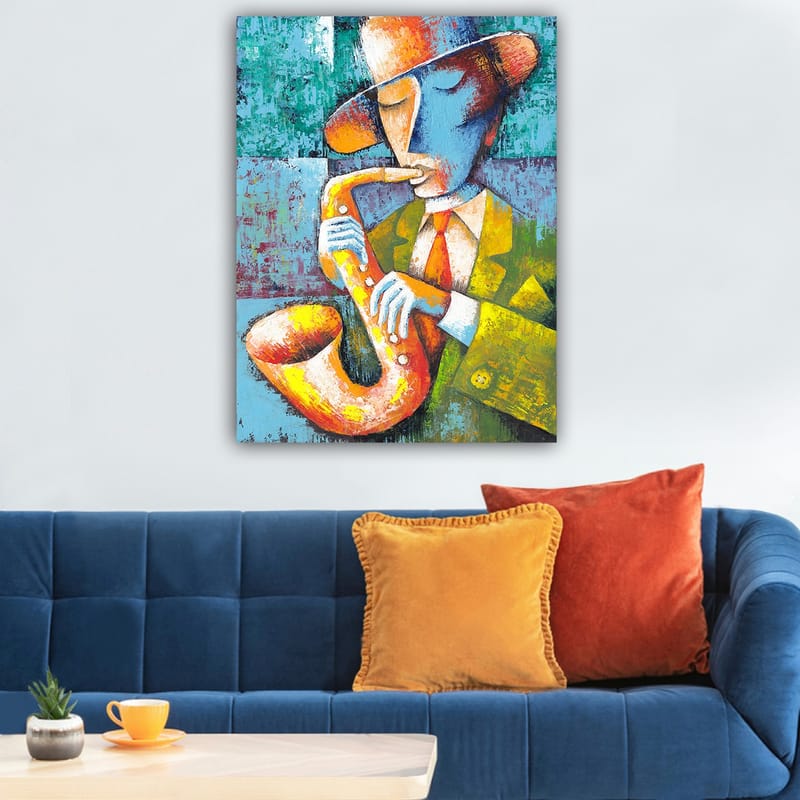 Lerretsbilde 70x100 cm - Musiker som spiller saksofon med et fargerikt og stilisert utseende - Gul / Blå / Oransje - Interiør - Maleri & posters - Lerretsbilder