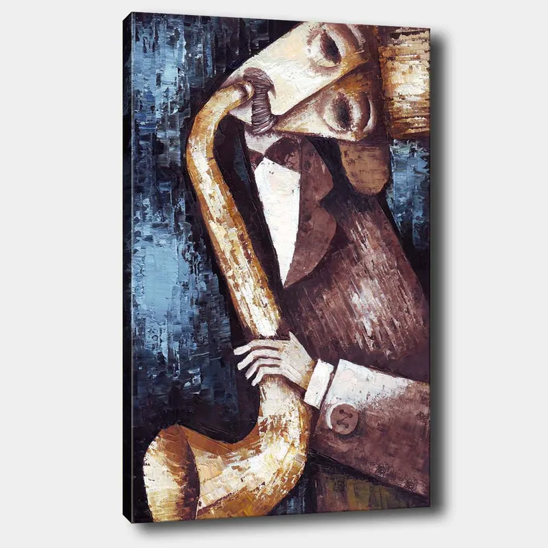 Lerretsbilde 70x100 cm - Musiker som spiller saksofon med et stilisert og uttrykksfullt utseende, Mørk blå / Beige / Brun