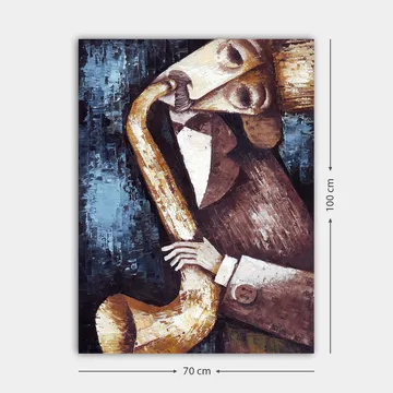 Lerretsbilde 70x100 cm - Musiker som spiller saksofon med et stilisert og uttrykksfullt utseende - Mørk blå / Beige / Brun - Interiør - Maleri & posters - Lerretsbilder