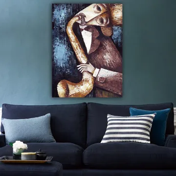 Lerretsbilde 70x100 cm - Musiker som spiller saksofon med et stilisert og uttrykksfullt utseende - Mørk blå / Beige / Brun - Interiør - Maleri & posters - Lerretsbilder