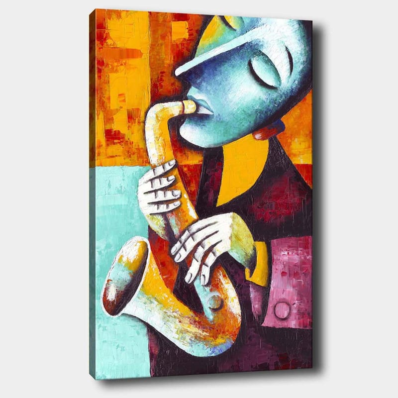Lerretsbilde 70x100 cm - Musiker som spiller saksofon med et uttrykksfullt ansiktsuttrykk, Turkis / Oransje / Svart
