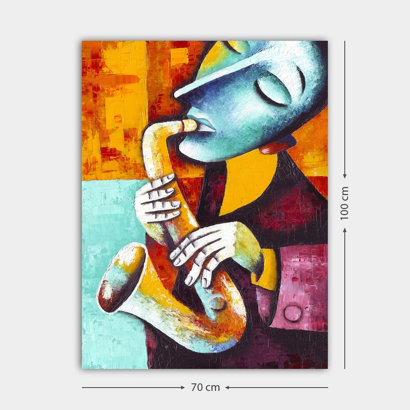 Lerretsbilde 70x100 cm - Musiker som spiller saksofon med et uttrykksfullt ansiktsuttrykk - Turkis / Oransje / Svart - Interiør - Maleri & posters - Lerretsbilder