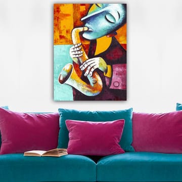 Lerretsbilde 70x100 cm - Musiker som spiller saksofon med et uttrykksfullt ansiktsuttrykk - Turkis / Oransje / Svart - Interiør - Maleri & posters - Lerretsbilder
