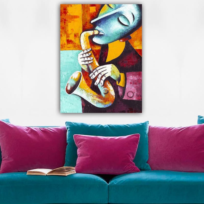 Lerretsbilde 70x100 cm - Musiker som spiller saksofon med et uttrykksfullt ansiktsuttrykk - Turkis / Oransje / Svart - Interiør - Maleri & posters - Lerretsbilder