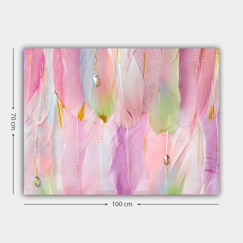 Lerretsbilde 70x100 cm - Myke fjær i pastellfarger som skaper en drømmeaktig atmosfære - Lys rosa / Mintgrønn / Gull - Interiør - Maleri & posters - Lerretsbilder