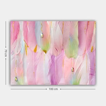Lerretsbilde 70x100 cm - Myke fjær i pastellfarger som skaper en drømmeaktig atmosfære - Lys rosa / Mintgrønn / Gull - Interiør - Maleri & posters - Lerretsbilder