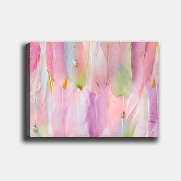 Lerretsbilde 70x100 cm - Myke fjær i pastellfarger som skaper en drømmeaktig atmosfære - Lys rosa / Mintgrønn / Gull - Interiør - Maleri & posters - Lerretsbilder