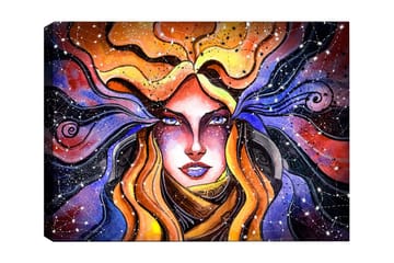 Lerretsbilde 70x100 cm - Mystisk kvinne med flagrende hår som strekker seg ut mot en stjernehimmel - Oransje / Lilla / Gull - Interiør - Maleri & posters - Lerretsbilder