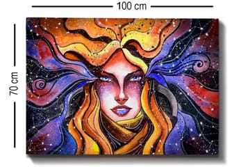 Lerretsbilde 70x100 cm - Mystisk kvinne med flagrende hår som strekker seg ut mot en stjernehimmel - Oransje / Lilla / Gull - Interiør - Maleri & posters - Lerretsbilder
