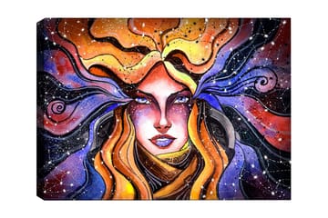 Lerretsbilde 70x100 cm - Mystisk kvinne med flagrende hår som strekker seg ut mot en stjernehimmel - Oransje / Lilla / Gull - Interiør - Maleri & posters - Lerretsbilder
