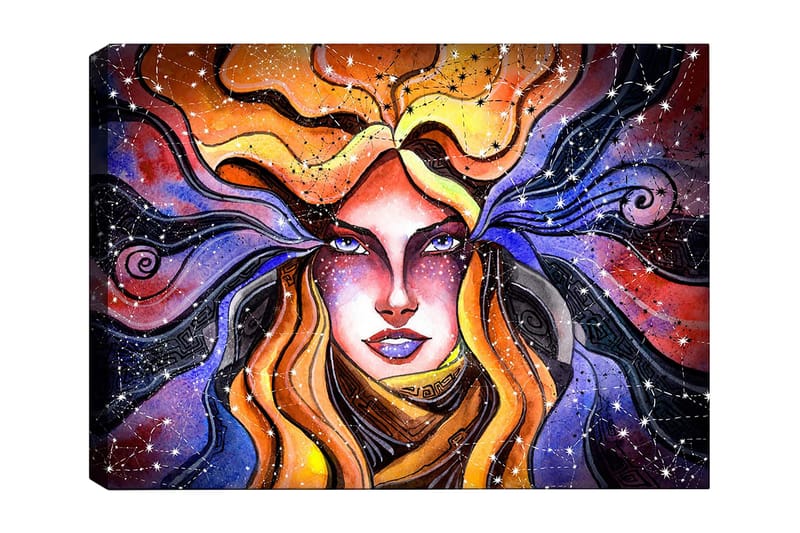 Lerretsbilde 70x100 cm - Mystisk kvinne med flagrende hår som strekker seg ut mot en stjernehimmel - Oransje / Lilla / Gull - Interiør - Maleri & posters - Lerretsbilder