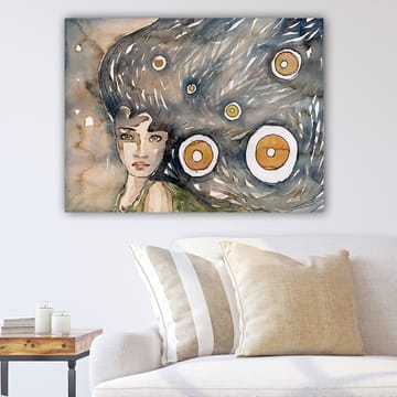 Lerretsbilde 70x100 cm - Mystisk kvinne med stort, flagrende hår omgitt av sirkulære former - Mørk blå / Beige / Oransje - Interiør - Maleri & posters - Lerretsbilder