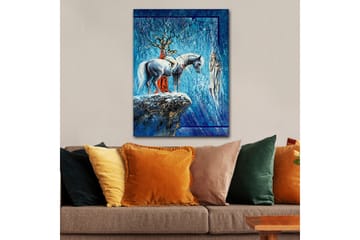 Lerretsbilde 70x100 cm - Mystisk scene med en hest og en kvinne i et drømmeaktig miljø - Blå / Hvit / Rød - Interiør - Maleri & posters - Lerretsbilder