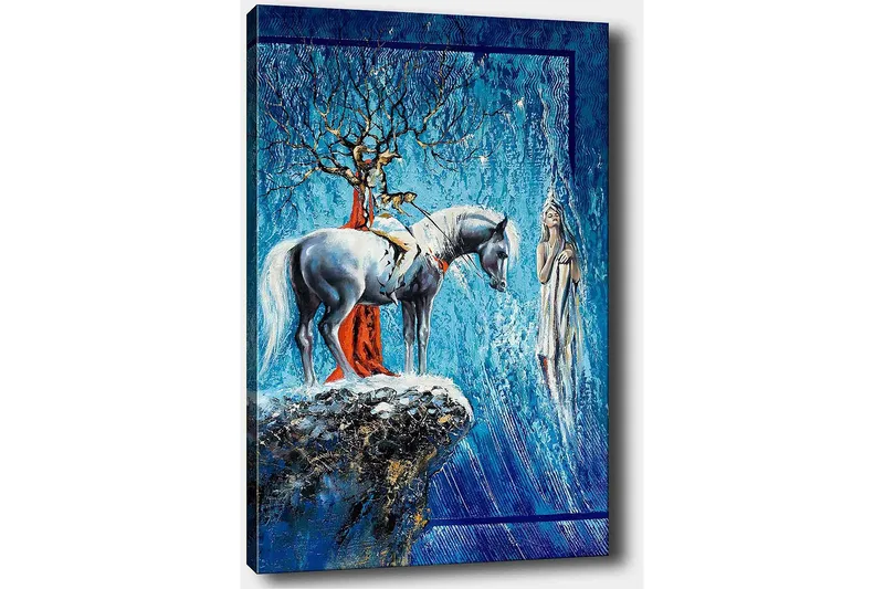 Lerretsbilde 70x100 cm - Mystisk scene med en hest og en kvinne i et drømmeaktig miljø - Blå / Hvit / Rød - Interiør - Maleri & posters - Lerretsbilder