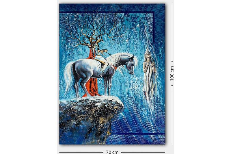 Lerretsbilde 70x100 cm - Mystisk scene med en hest og en kvinne i et drømmeaktig miljø - Blå / Hvit / Rød - Interiør - Maleri & posters - Lerretsbilder