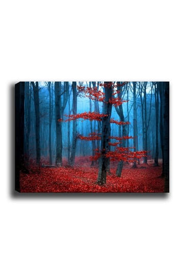 Lerretsbilde 70x100 cm - Mystisk skog med et ensomt rødt tre i tåkete omgivelser - Rød / Blå - Interiør - Maleri & posters - Lerretsbilder