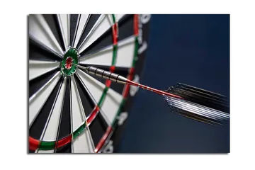 Lerretsbilde 70x100 cm - Nærbilde av en dartskive med en pil som treffer midtpunktet - Grønn / Rød / Svart - Interiør - Maleri & posters - Lerretsbilder