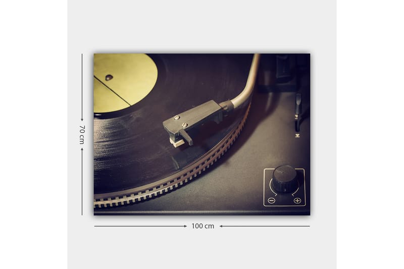 Lerretsbilde 70x100 cm - Nærbilde av en platespiller med vinylplate og tonearm - Svart / Grå / Gul - Interiør - Maleri & posters - Lerretsbilder