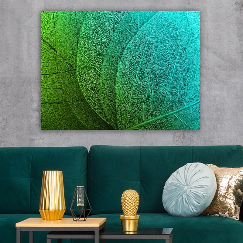 Lerretsbilde 70x100 cm - Nærbilde av grønne og turkise blader med detaljerte årer - Grønn / Turkis - Interiør - Maleri & posters - Lerretsbilder