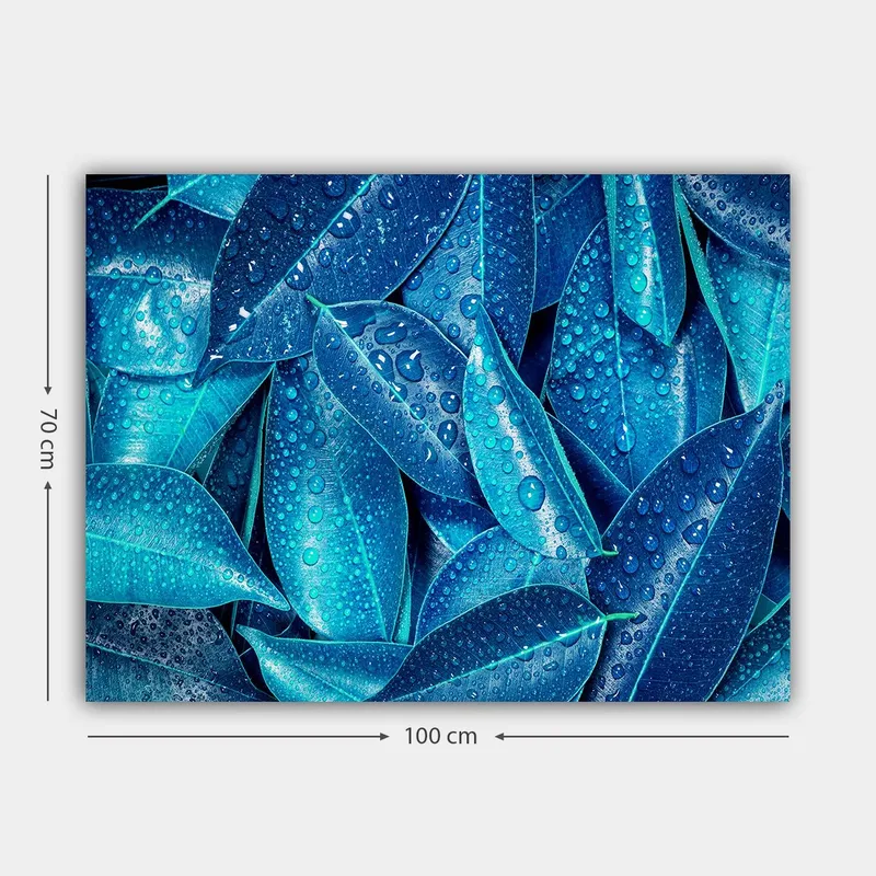 Lerretsbilde 70x100 cm - Nærbilde av vanndråper på grønne blader som skaper en frisk og livlig følelse - Blå / Turkis - Interiør - Maleri & posters - Lerretsbilder