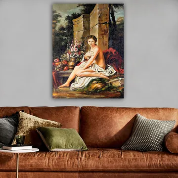 Lerretsbilde 70x100 cm - Naken kvinne sittende med hvitt draperi, omgitt av blomster og frukt i naturskjønne omgivelser - Rød / Grønn / Beige - Interiør - Maleri & posters - Lerretsbilder