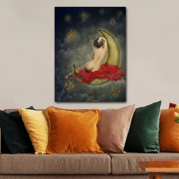 Lerretsbilde 70x100 cm - Naken kvinne sittende på en halvmåne omgitt av stjerner og skyer - Gull / Rød / Beige - Interiør - Maleri & posters - Lerretsbilder